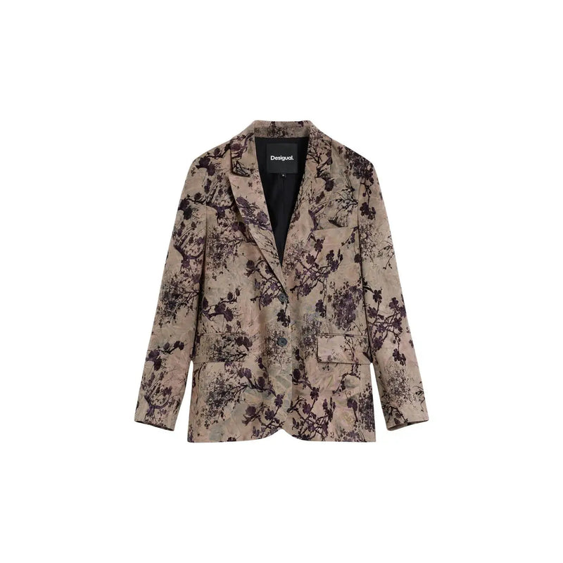 Desigual Damenblazer aus beigefarbenem Polyester mit dunklem Blumenmuster und doppelreihigem Design