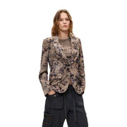 Desigual Damenblazer aus beigefarbenem Polyester mit floralem Muster in Taupe und Dunkelviolett aus weichem, strukturiertem Stoff
