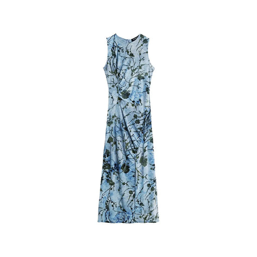 Ein ärmelloses, bodenlanges Desigual-Damenkleid mit Blumenmuster in Hellblau und Dunkelgrün aus Polyester mit dezenter Raffung vorne