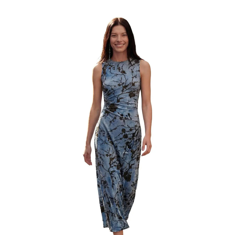 Desigual Damen-Midikleid mit Blumenmuster aus hellblauem Samt-Polyester, ärmellos, hochgeschlossen und mit zartem schwarzem Muster