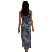 Desigual Damenkleid, ärmellos, knielang, aus weichem, grauem Polyester mit elegantem, schwarz-goldenem Blumenmuster