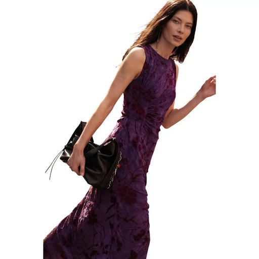Desigual Damenkleid mit Blumenmuster, lila, ärmellos, aus Polyester, mit Raffungen und bodenlangem Design