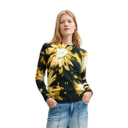 Desigual Damen-Strickpullover aus schwarzem Acrylmischgewebe mit floralem Muster, schwarz-gelbem Batikmuster und auffälligem Sonnenblumenmotiv