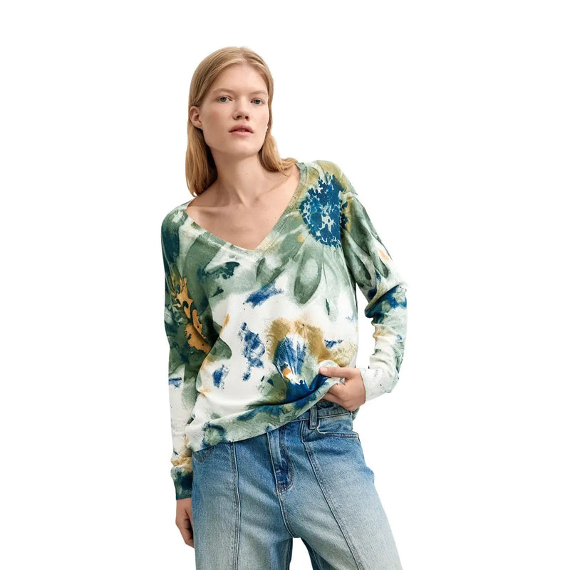 Desigual Damen-Strickpullover mit langen Ärmeln und V-Ausschnitt in Aquarell-Blumenmuster mit grünen, blauen und goldenen Farbtönen