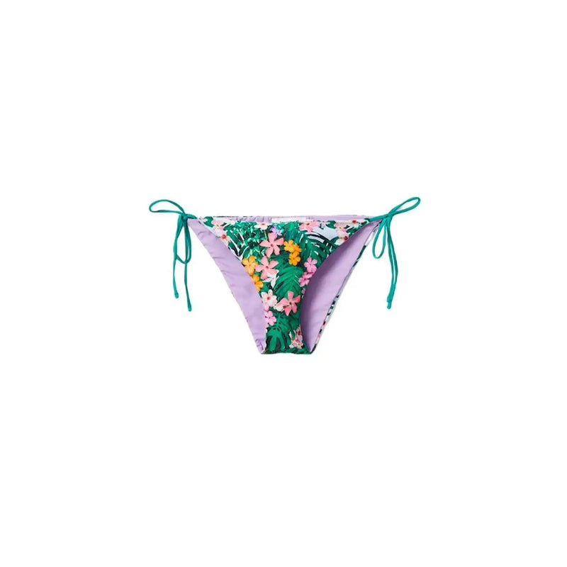 Desigual Damen-Badeanzug-Bikinihose mit grünem Blumenmuster, lebhaftem tropischem Print, lavendelfarbenem Futter und türkisfarbenen Bändern