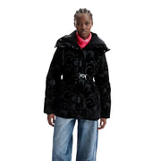 Desigual Damen-Steppjacke, schwarz, aus Polyester mit floralem Muster, samtartigem Design und silberfarbener Gürtelschnalle