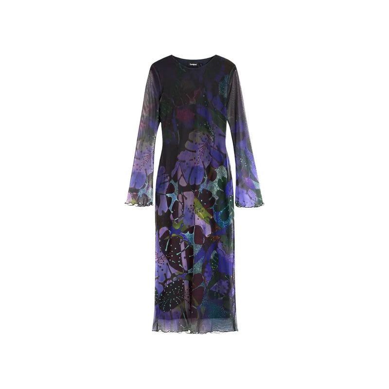 Desigual Damenkleid, lila, lang, aus Polyester, transparent, lange Ärmel, Midi-Länge, dunkler Grund mit lebhaften Blumenmustern