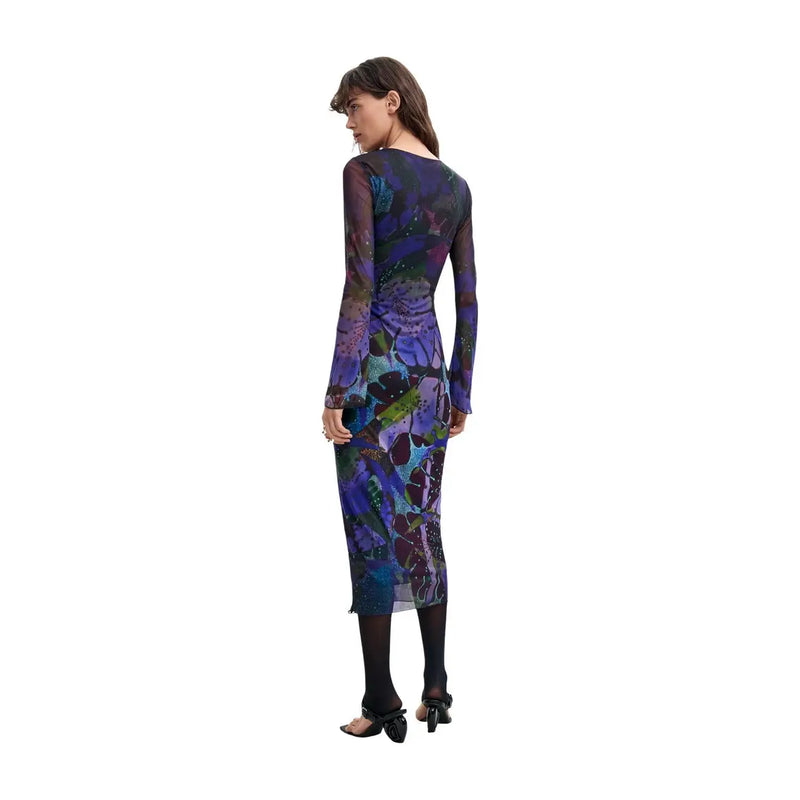 Desigual Damenkleid aus lila Polyester mit langen Ärmeln, halbtransparenter Midi-Länge und lebhaftem Blumenmuster