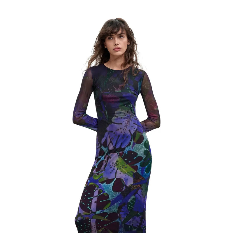 Desigual Damenkleid aus lila Polyester mit langen Ärmeln, transparentem Netzstoff und abstraktem Blumenmuster