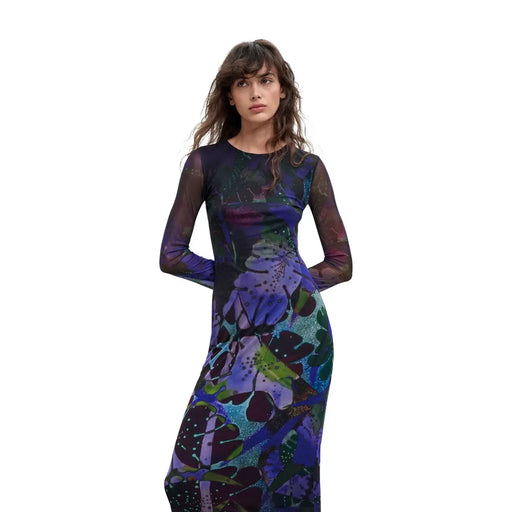 Desigual Damenkleid aus lila Polyester mit langen Ärmeln, transparentem Netzstoff und abstraktem Blumenmuster
