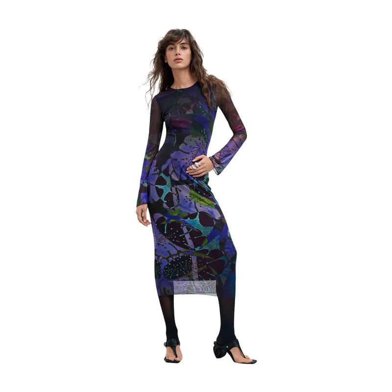 Desigual Damenkleid aus lila Polyester mit langen Ärmeln, transparentem Netzstoff und abstraktem Blumenmuster