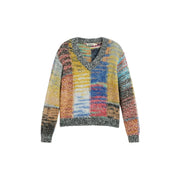 Desigual Damenpullover aus rotem Wollmischgewebe mit farbenfrohem Patchwork-V-Ausschnitt und langen Ärmeln in strukturierter Strickoptik.