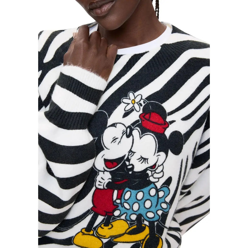 Desigual Damen-Strickpullover in Weiß, normale Passform, Acrylmischung, mit schwarz-weißen Zebrastreifen und gesticktem Mickey- und Minnie-Motiv
