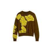 Desigual Damen-Strickpullover aus Wollmischung in Grün mit braunen Fransen im Van-Noten-Stil und auffälligem gelbem Blumenmuster