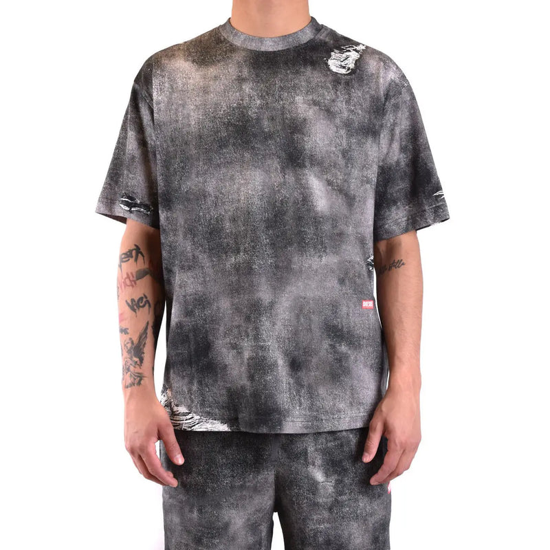 Diesel Schwarzes Herren-T-Shirt aus Baumwolle mit schwarz-grauem Batikmuster und Used-Look-Details an Ärmeln und Saum.