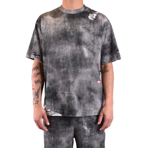 Diesel Schwarzes Herren-T-Shirt aus Baumwolle mit schwarz-grauem Batikmuster und Used-Look-Details an Ärmeln und Saum.