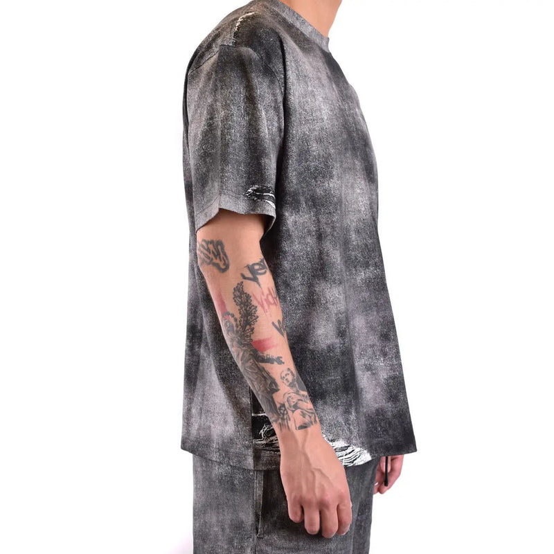 Diesel Schwarzes Herren-T-Shirt aus Baumwolle mit schwarz-grauem Batikmuster und ausgefransten, zerrissenen Ärmeln