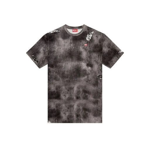 Diesel Schwarzes Herren-T-Shirt aus Baumwolle mit grauem Batikmuster im Used-Look und weißen Grafikapplikationen, Kurzarm