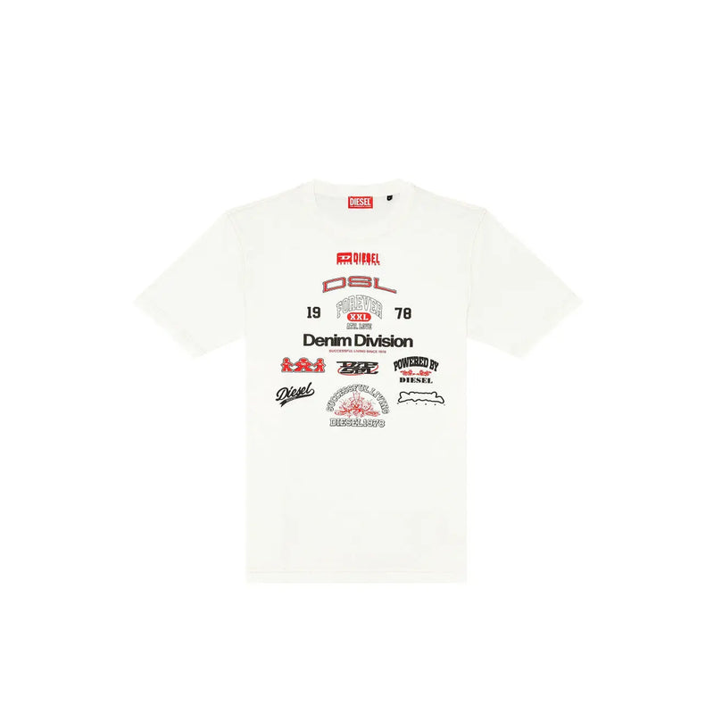 Diesel Weißes Herren-T-Shirt aus Baumwolle mit Rundhalsausschnitt und roten und schwarzen Grafiklogos auf der Brust