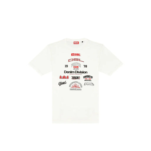 Diesel Weißes Herren-T-Shirt aus Baumwolle mit Rundhalsausschnitt und roten und schwarzen Grafiklogos auf der Brust