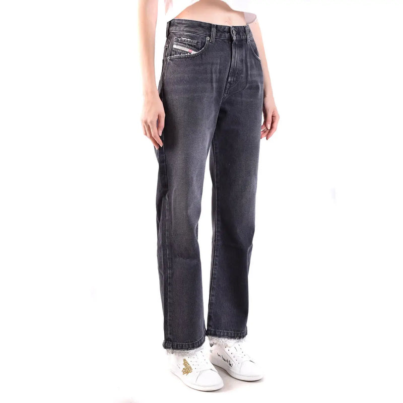 Diesel Schwarze Damen-Stretchjeans aus Baumwolle in dunkler Waschung mit hohem Bund und geradem Bein, verziert mit einem Diesel-Logo-Patch.