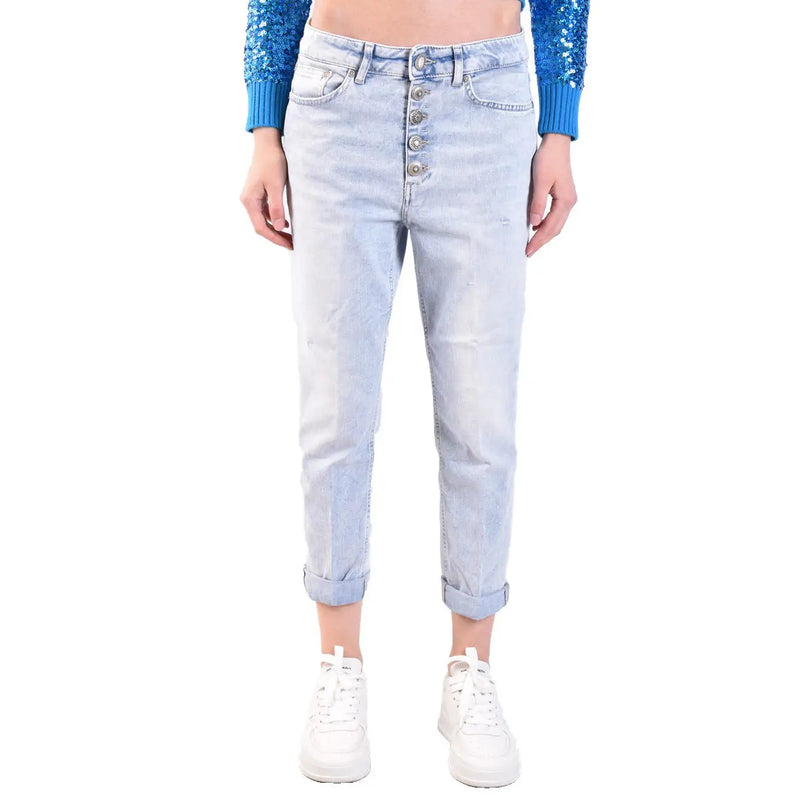Dondup Hellblaue Damen-Jeans aus Baumwoll-Denim mit hohem Bund, Knopfleiste und umgeschlagenen Säumen im Used-Look