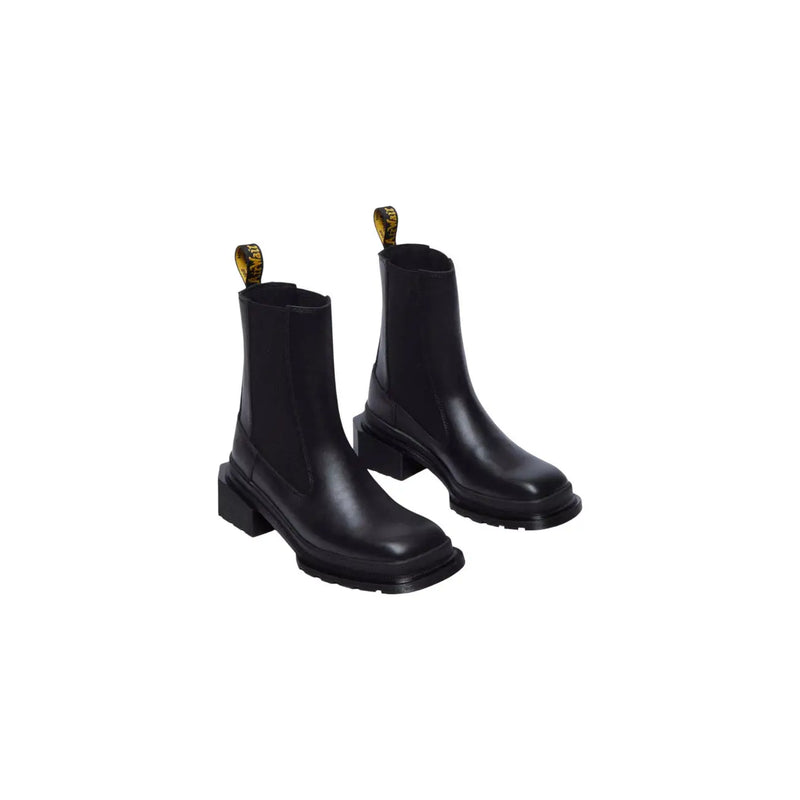 Schwarze Chelsea-Boots aus Leder von Dr. Martens für Damen mit klobigem Blockabsatz und goldfarbenen Zuglaschen