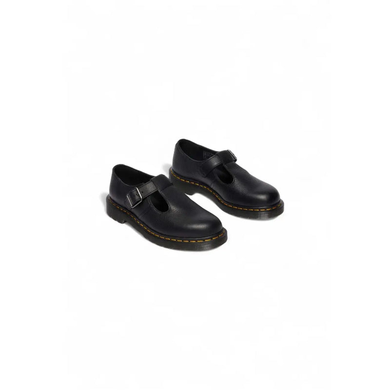 Schwarze Dr. Martens Damen-Slipper aus Leder, von hinten gezeigt, mit glatter Lederoberfläche