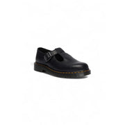 Schwarze Damen-Slipper aus Leder von Dr. Martens, von der Rückseite gezeigt, die ihr elegantes Design hervorhebt.