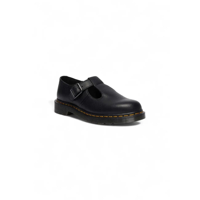 Schwarze Damen-Slipper aus Leder von Dr. Martens, von der Rückseite gezeigt, die ihr elegantes Design hervorhebt.