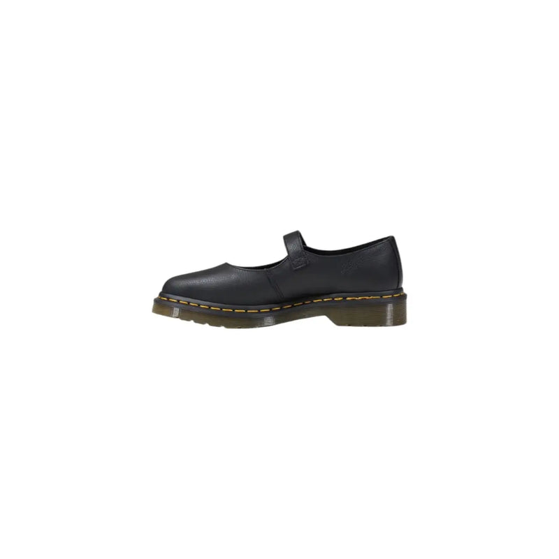 Dr. Martens Damen-Mary-Jane-Slipper aus schwarzem Leder mit klassischem Design und gelben Ziernähten an der Sohle