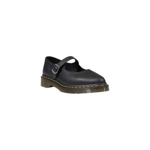 Dr. Martens Damen-Mary-Jane-Schuhe aus schwarzem Leder mit silberner Schnalle und gelben Ziernähten an der Sohle