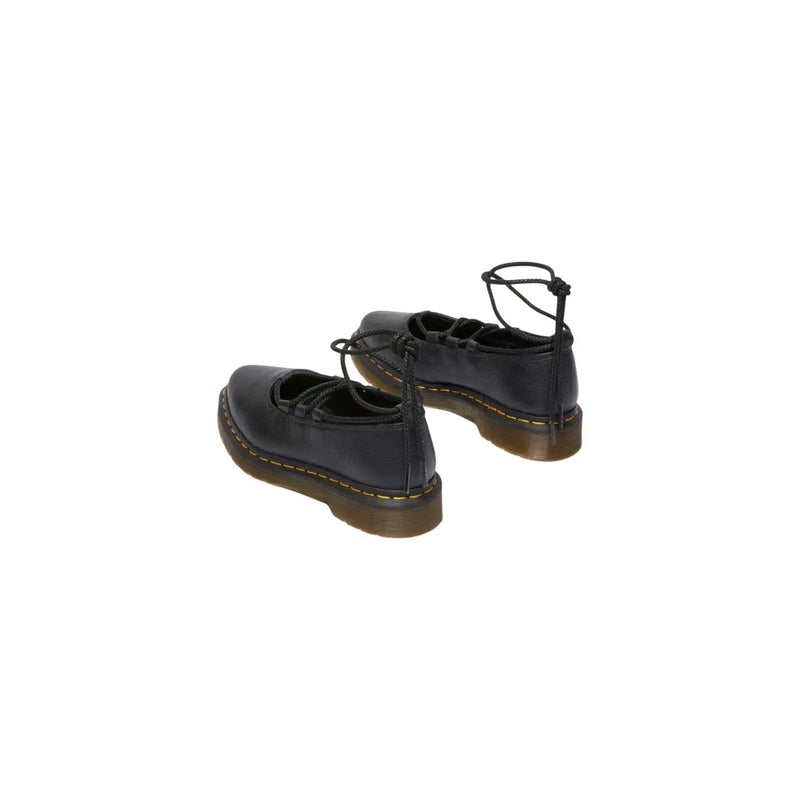 Dr martens women black leather lace-up mary jane shoes with brown rubber sole and yellow stitching