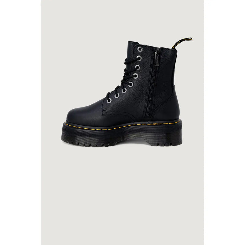 Schwarze Dr. Martens Damenstiefel aus Leder mit schwarzen Schnürsenkeln, von hinten gezeigt, Größe 4