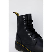 Schwarze Dr. Martens Damenstiefel aus Leder mit schwarzen Schnürsenkeln, Größe 4, von hinten abgebildet