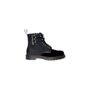 Schwarze Dr. Martens Damenstiefel aus Leder und Samt mit Reißverschluss, von der Rückseite gesehen