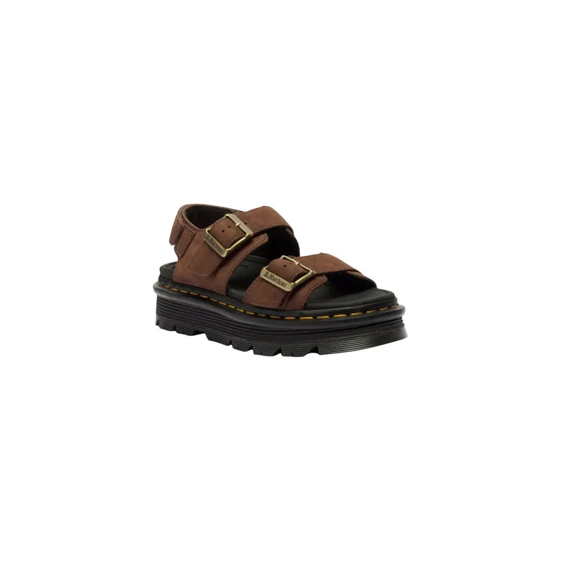 Dr. Martens Damen-Sandalen aus braunem Leder mit goldfarbenen Schnallen und schwarzer Plateausohle im Zebzag-Stil