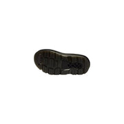 Schwarze Gummisohle mit profiliertem Sohlenrand und zentralem geometrischem Muster an braunen Dr. Martens Damen-Ledersandalen im Zebzag-Stil