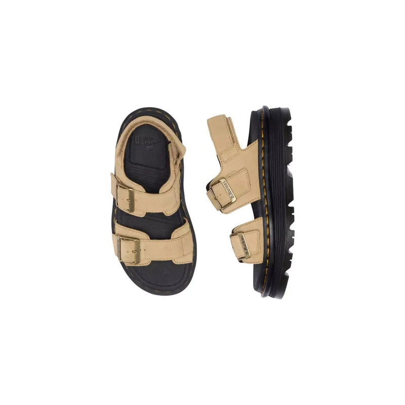 Beige und schwarze Dr. Martens Damen-Sandalen aus hellbraunem Leder mit Schnalle, von hinten gesehen