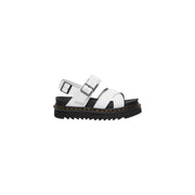 Weiße Dr. Martens Voss II Ledersandalen für Damen mit schwarzer Plateausohle und silberfarbenen Schnallenverschlüssen