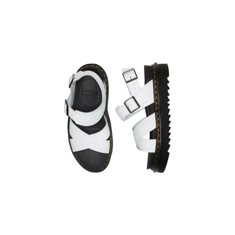Dr. Martens Damen-Sandalen Voss II aus weißem Leder mit schwarzen Gummisohlen und gelben Ziernähten im klassischen Design