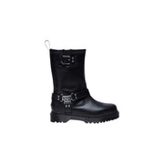 Dr Martens women’s black leather ankle boot with silver buckle straps and chunky rubber sole shown from the back side