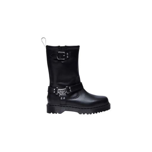 Dr Martens women’s black leather ankle boot with silver buckle straps and chunky rubber sole shown from the back side