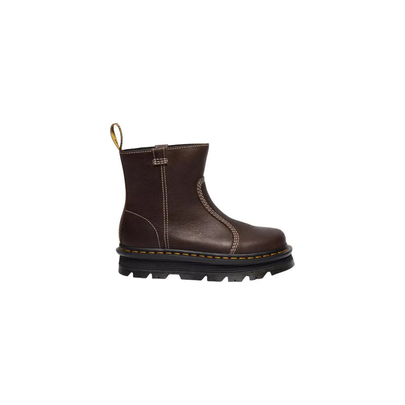 Dr. Martens braune Damen-Ankle-Boots aus Leder mit gelben Ziernähten