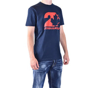 Marineblaues Dsquared2 Herren-Baumwoll-T-Shirt mit Rundhalsausschnitt, orangefarbenem Ahornblatt-Logo und Markennamen (siehe unten).