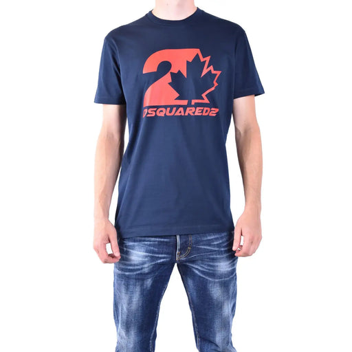 Marineblaues Dsquared2 Herren-Baumwoll-T-Shirt mit Rundhalsausschnitt und auffälligem orangefarbenem Ahornblatt- und Nummer-2-Motiv auf der Brust