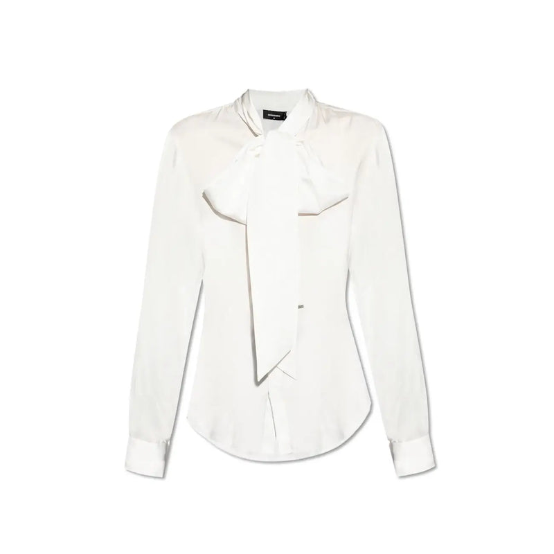 Weiße Damenbluse von Dsquared2 aus Viskose mit elegantem Satin-Finish, auffälliger Schleife und langen Ärmeln.