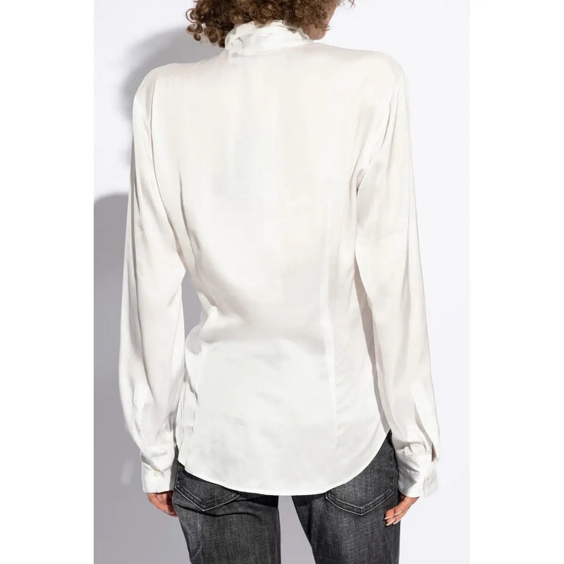 Weiße Viskosebluse für Damen von Dsquared2 mit elegantem, cremefarbenem Satinkragen und langen Ärmeln.
