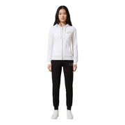 EA7 black hooded zip-up jumpsuit with pockets, white hoodie, black joggers, white sneakers