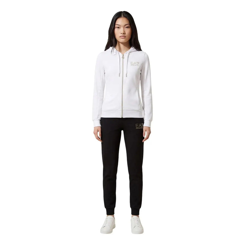 EA7 black hooded zip-up jumpsuit with pockets, white hoodie, black joggers, white sneakers